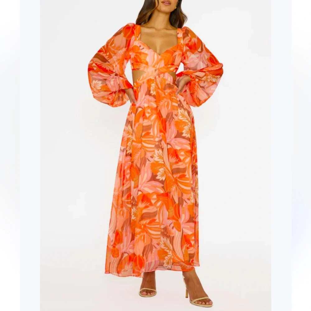Elegant Orange Floral Midi Dress - Picture 2 of 16